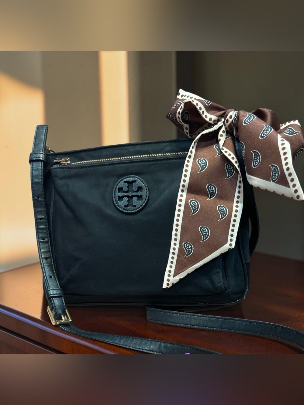 Tory Burch Black Nylon Crossbody with Brown Paisley Scarf - Picture 3 of 12